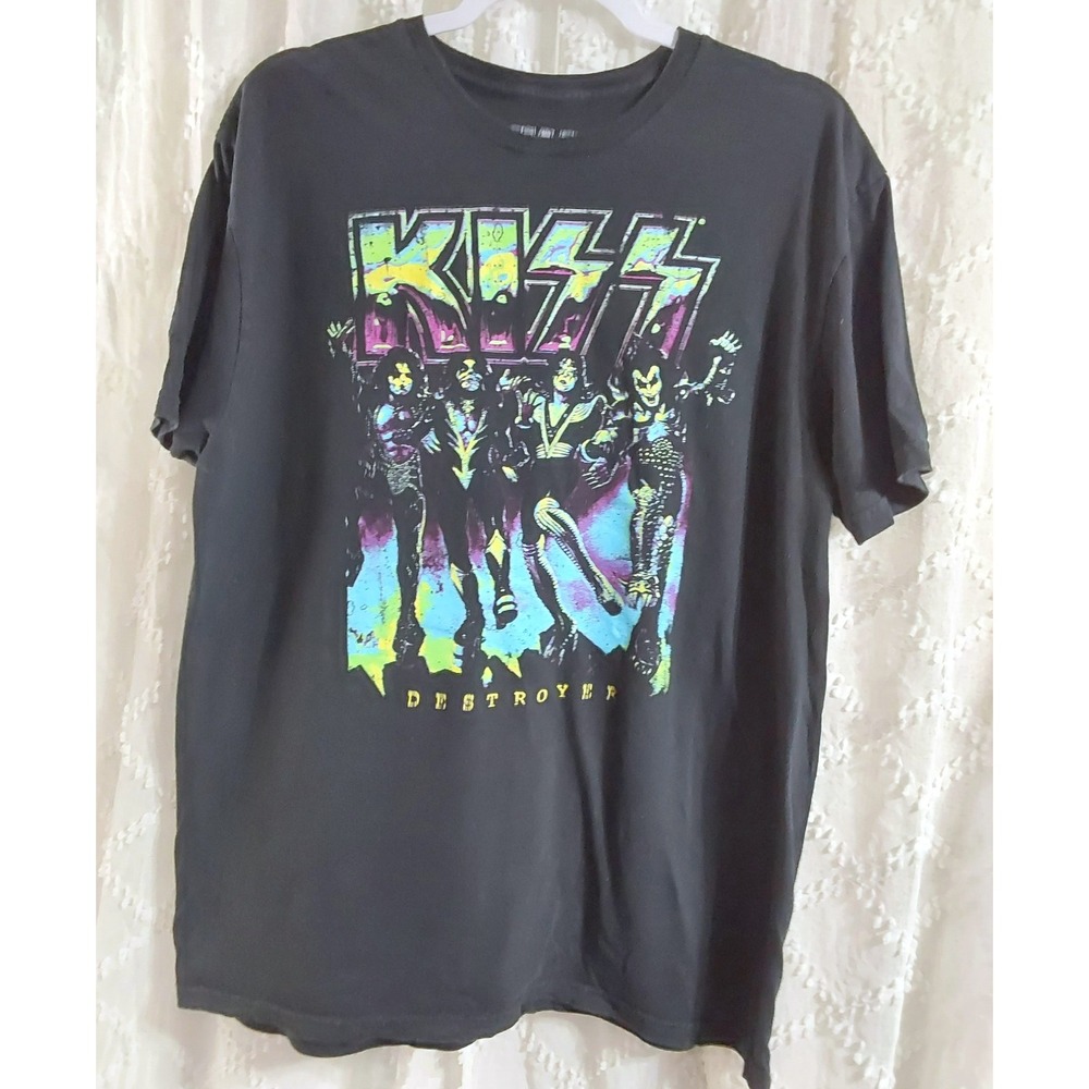 KISS Destroyer Band Tee Black Neon Graphic Rock Concert T-Shirt Mens Large